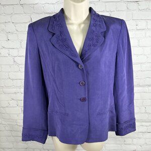 VTG Via Seta Suits Petites Purple 100% Silk Embroidered Three Button Blazer 4